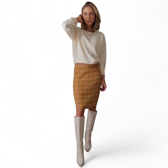 Shop Stevie NWT Vienna Plaid Skirt Knit Sweater Pencil Skirt Size S Tan Yellow - Picture 12 of 12